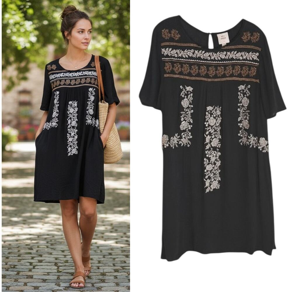 Knox Rose Embroidered Wildrose Dress M Black Short Sleeve Tunic Boho Pockets